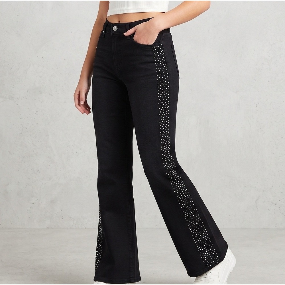 Unbranded Rhinestone Flare Jeans Women S Black Excellent Iridescent Studded Side